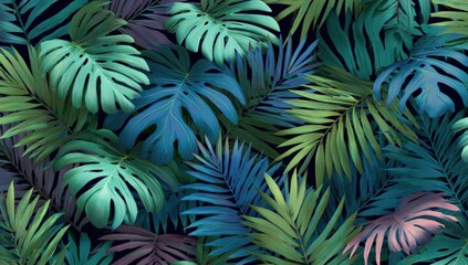 Tropical leaves pattern in vibrant teal, green, and purple hues