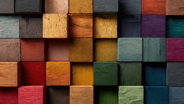 Colorful wooden cubes arranged in a grid pattern