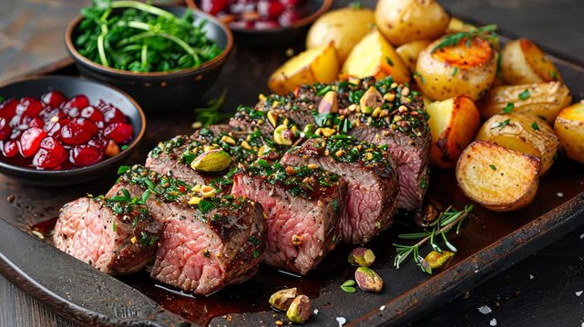 Succulent herbcrusted steak with roasted potatoes and fresh pomegranate arils