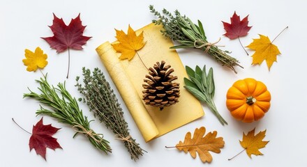 Fototapeta premium Autumnal Arrangement of Leaves, Herbs, and Pumpkin.