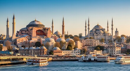 Fototapeta premium Istanbul Hagia Sophia and Sultanahmet Mosque, Turkey, Beautiful Architecture, Historic Landmarks, Scenic View.