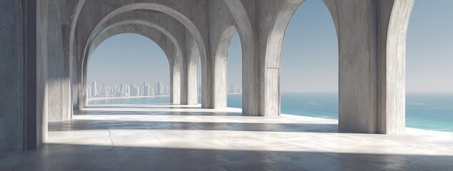 Modern concrete arches overlooking a city and ocean