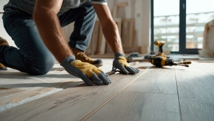 A worker lays flooring in a home