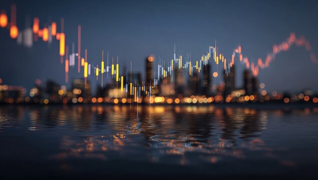 Blurred cityscape at night with financial chart overlay