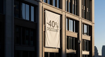 Large promotional banner advertising a forty percent discount hangs on the facade of a modern city building during a sale