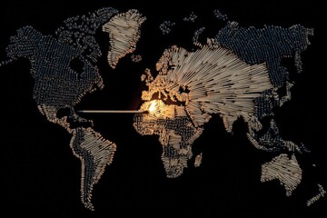 World map composed of matchsticks, with a burning matchstick in the center of Africa