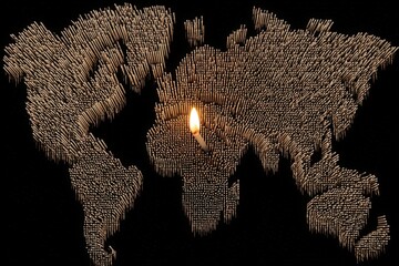 World map formed from matchsticks, single lit candle