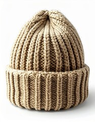 Fototapeta premium Beige Knitted Beanie Hat Isolated on White Warm Winter Headwear Fashion Accessory