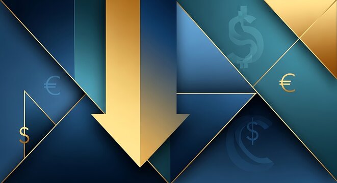 Conceptual illustration of an economic crisis and financial market collapse, showing a golden downward arrow over dollar and euro currency symbols