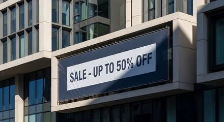 Obraz premium Highlighting a retail savings opportunity, a large promotional banner advertises a sale with up to fifty percent off on a modern city building facade
