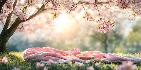 Sunny Picnic Scene Under Blooming Cherry Blossom Tree
