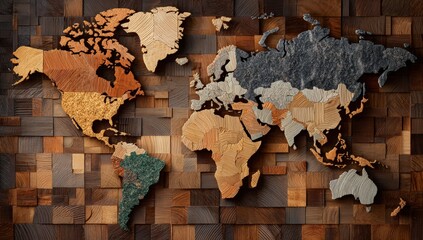 World map crafted from various colored wooden tiles