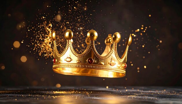 Ornate gold crown with jewels, floating against a bokeh background, sparkling with golden particles
