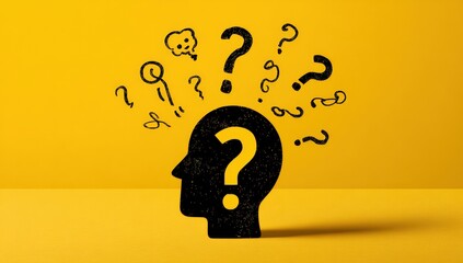 A silhouette of a head with numerous question marks radiating outward on a bright yellow background