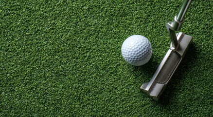 Obraz premium Golf ball and putter on artificial turf (2)