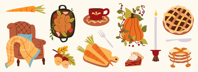 Autumn vector elements set. Cozy fall doodle sticker. Hello fall greeting or pattern. Isolated background. Thanksgiving invitation Illustration in the cartoon style.