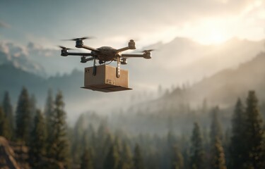 Drone delivering package over mountain range