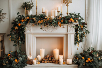 Christmas fireplace with candles, pine garland and dried orange slices – cozy rustic holiday decor
