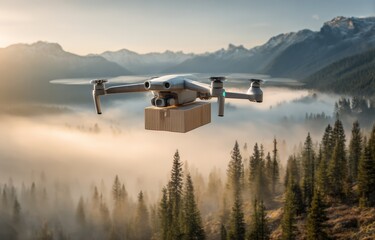 Drone delivering package over misty mountains
