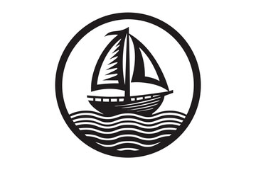 A sailboat gracefully navigates the ocean waves within an oval black and white artwork