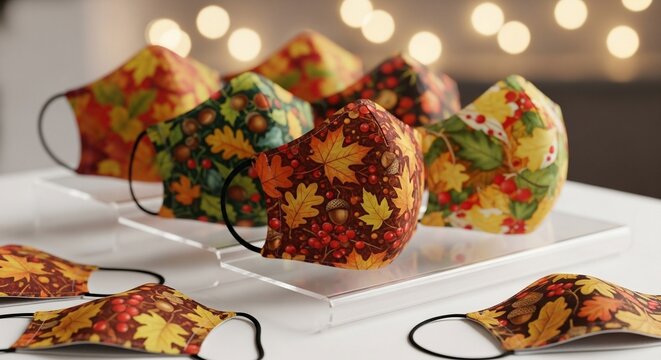 A collection of colorful autumn-patterned cloth face masks featuring leaves, acorns, and berries displayed on clear stands with bokeh lights