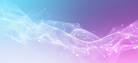 Abstract digital network. Soft pastel hues of light blue and pink create a calming background.  Delicate network of lines and dots in a flowing form