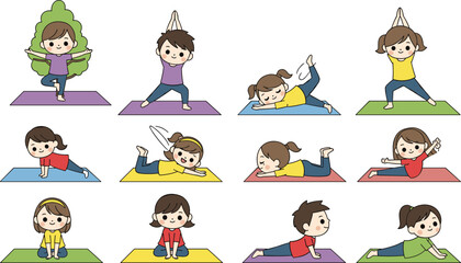 Cartoon children practicing yoga poses on colorful mats playful kids exercise illustration promoting mindfulness balance flexibility and healthy lifestyle activities