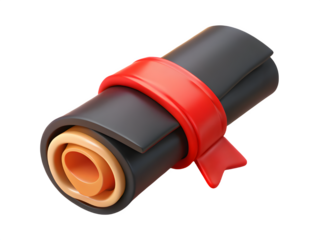 Rolled up diploma or certificate tied with a red ribbon