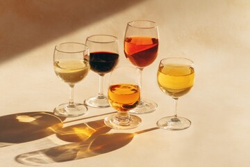 Wine glasses filled with different colored drinks, sunlit