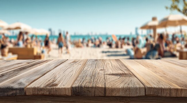 Wooden table top overlooking a beach scene - Powered by Adobe