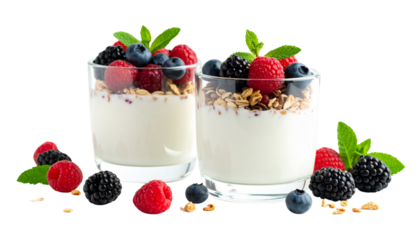 Fresh, healthy yogurt parfait with sweet berries is a delicious and colorful breakfast dessert on white background