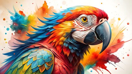 Naklejka premium Vibrant macaw parrot portrait with colorful powder explosion, closeup, detailed feathers, artistic, bright colors, tropical bird