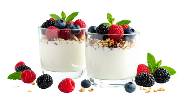 Fresh, healthy yogurt parfait with sweet berries is a delicious and colorful breakfast dessert on white background