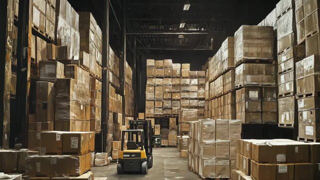 A large warehouse with rows of boxes and pallets stacked neatly under bright lights.