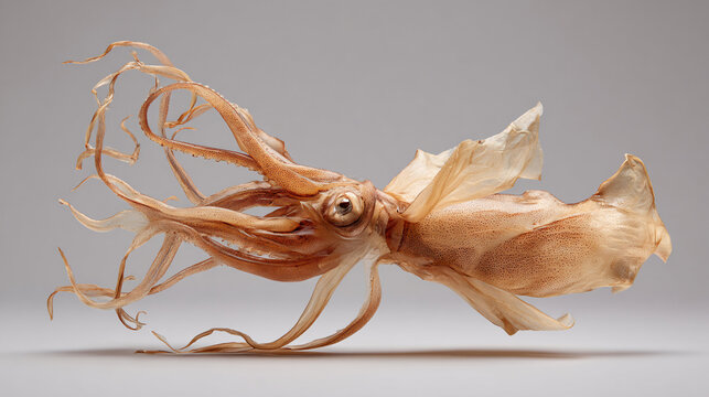 A dried squid with tentacles and fins on a gray background, showcasing its unique texture and form.