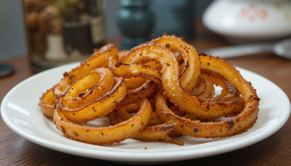 Crispy Onion Rings Delight on White Plate Close Up View