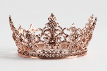 Fototapeta premium Rose gold filigree crown with intricate detailing and small stones along the base, displayed against a plain white background