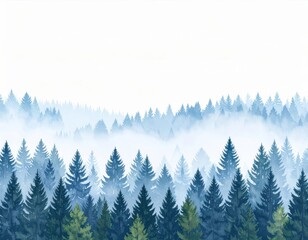 Fototapeta premium Serene Misty Pine Forest Landscape in Watercolor Art with Green and Blue Hues and Winter Atmosphere