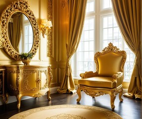 Luxurious Golden Throne Chair in Ornate Rococo Interior Setting 1