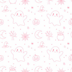 Seamless Halloween pattern with ghosts, pumpkins, witch hats, brooms, bats, spiders, and cobwebs in black and white outline style, perfect for coloring pages, textiles, wallpapers, wrapping paper