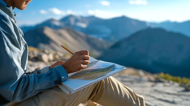 A hiker sketches a mountain view on a trail with a notebook open pencils scratching peaks rising and a breeze rustling captured in a serene photo with paper textures pencil