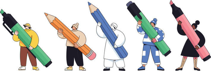 Creative people holding oversized pens, pencils, and markers, artistic vector illustration symbolizing writing, drawing, education, teamwork, imagination, and creative expression together
