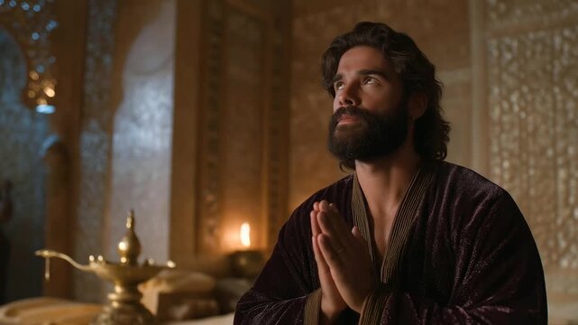 A king his crown heavy prays in a chamber its walls carved with patterns. A velvet robe drapes him its folds thick. A bronze lamp burns its flame flickering. A scroll lies ope