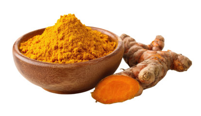 Turmeric powder and roots in bowl