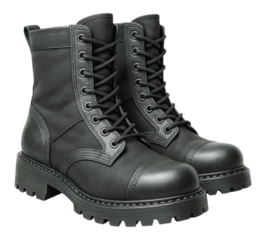 Black Leather Combat Boots, Lace-Up, Chunky Sole, Fashion Footwear, Isolated on Transparent and White Background