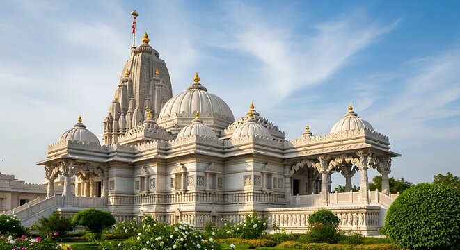Magnificent white marble temple under a clear blue sky, India.