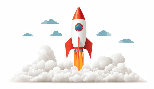 Cartoon rocket launching through clouds - Powered by Adobe
