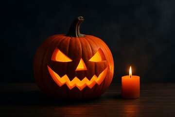 Obraz premium Halloween jack-o’-lantern with candlelight on dark background 