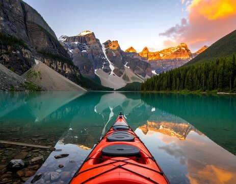 Scenic kayak on a tranquil mountain lake at dawn