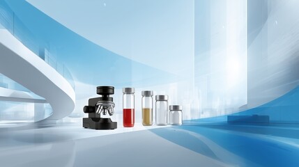 Black microscope next to four medical vials with liquids and empty on a blue scientific background for research and lab.